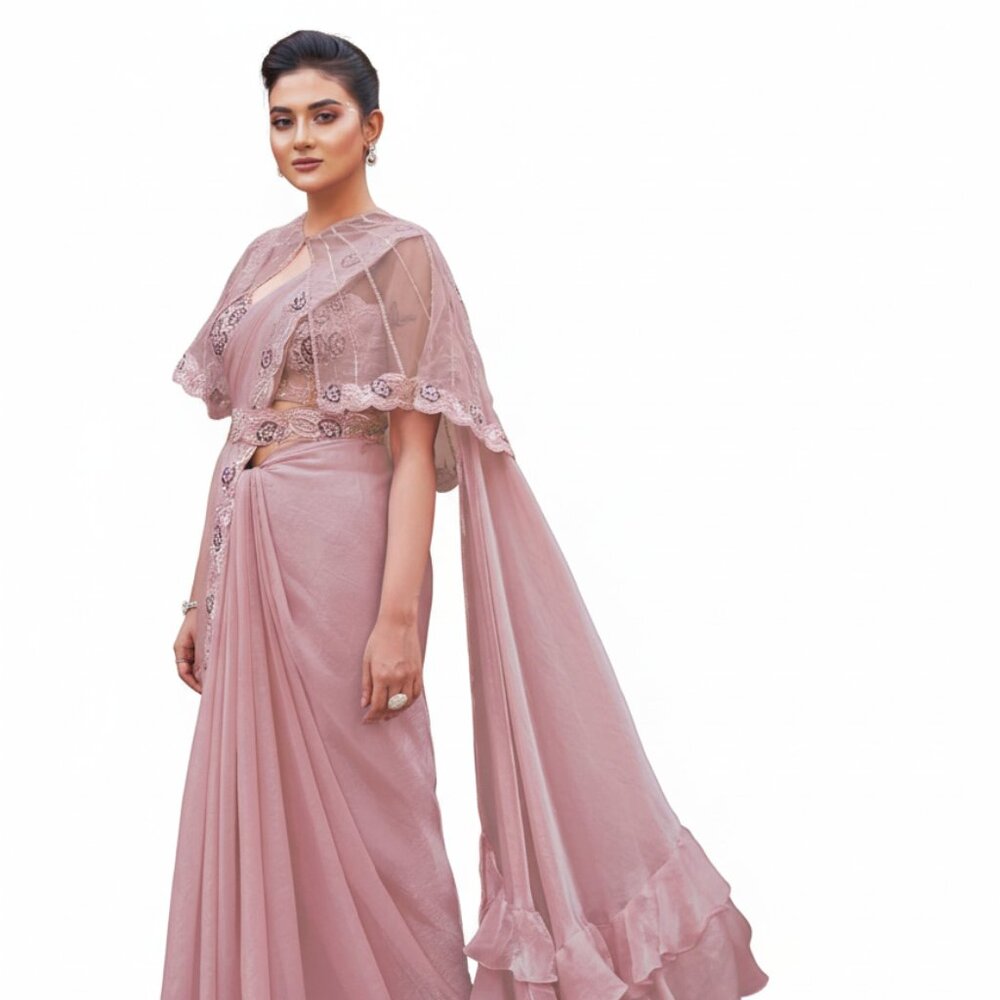Exquisite Women's Designer Satin Silk Saree with Embroidered Cape - Soft Pink